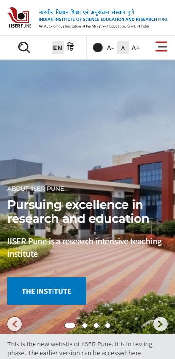 IISER Pune website home page on Phone